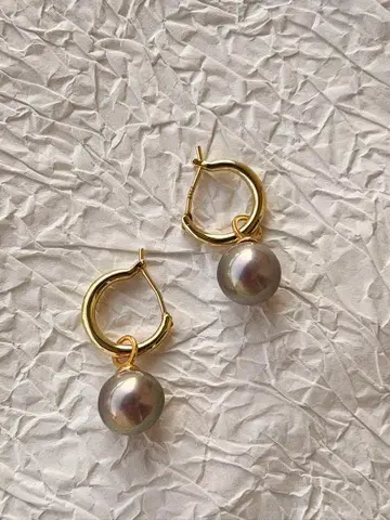 담수 진주 귀걸이 골드 후프 퍼플 고급