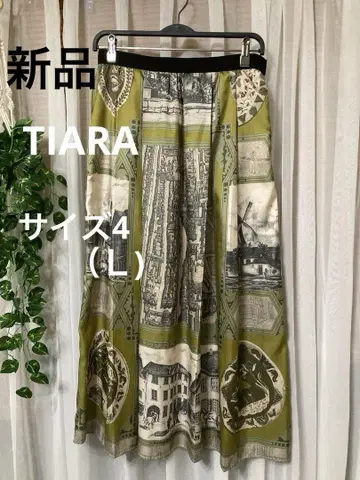 미착용 TIARA 올리브 그린 풍경 프린트 롱 스커트 사이즈 L