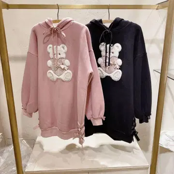 LIZLISA 보아 곰 안감 원피스 후드티 핑크
