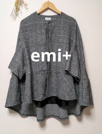 emi+ 에미+ 하운드투스 체크 패턴 판초 아우터 세련된 귀여운