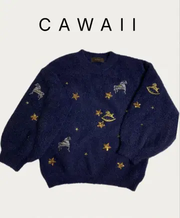 CAWAII 네이비 니트 스웨터 별 자수