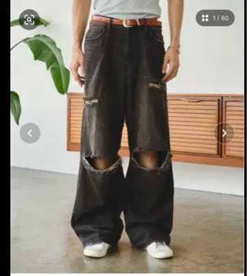 Camphor wood 와이드 배기 얼룩 가공 데미지 데님