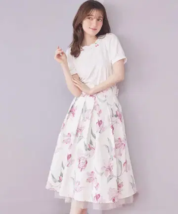 3WAY 리본 포함 뒷면 튤 x 프릴 절개 플라워 프린트 플레어 스커트
