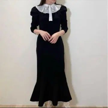정품 SNIDEL 프릴 옷깃 리본 포함 블랙 머메이드 드레스
