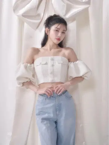 darich 퍼프 슬리브 오프숄더 트위드 상의