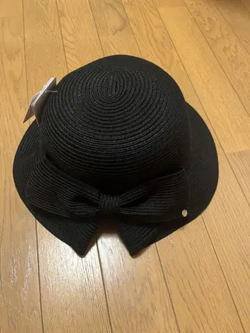 택 포함 새상품 밀짚모자풍 햇 블랙 리본 포함 UV 대책