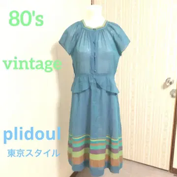 도쿄 스타일 80s vintage 파랑 무릎 기장 원피스 반팔