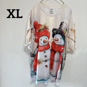 [ XL ] 눈사람 프린트 T셔츠 크리스마스 반팔 상의 눈 겨울 빅