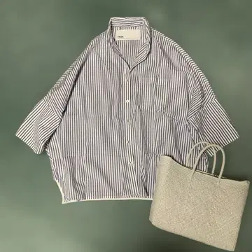 새상품급 티카 셔츠 7부 소매 스트라이프 블루 계열 루즈핏 일본제