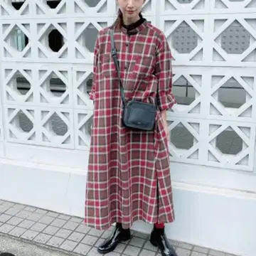 studio CLIP 카즈미 콜라보 브라운 계열 체크 롱 원피스
