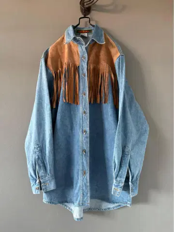 빈티지 80s 프린지 가죽 특수 긴팔 데님 셔츠 레어 새상품급