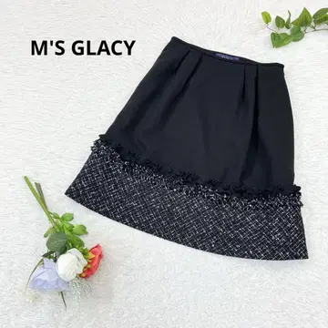M'S GLACY 트위드 프릴 디자인 절개 무릎 위 스커트 블랙 M