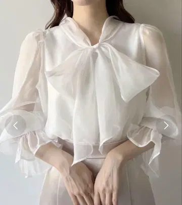 mipiarl 시어 캔디 슬리브 보타이 블라우스 화이트 M