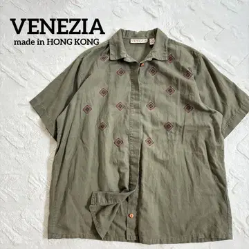 [ 구제 의류 ] 베네치아 린넨 셔츠 VENEZIA 자수 카키 반팔 셔츠