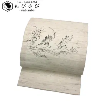 여름 오비 나고야 오비 린넨 먹 그림 조수기화 미색 O-5449