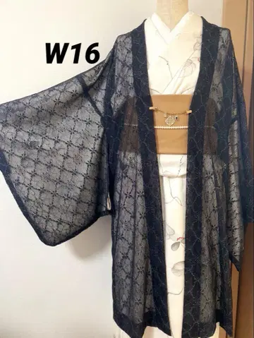 W-16 얇은 겉옷 은사 포함 블랙 긴 겉옷 겉옷 기모노