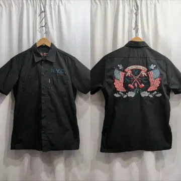 새상품급 쇼트 크로스 플래그 성조기 와펜 자수 반팔 워크 셔츠 S