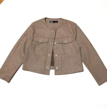 [ ZARA ] 노카라 자켓 브라운 베이지 골드 버튼 숏 기장 L