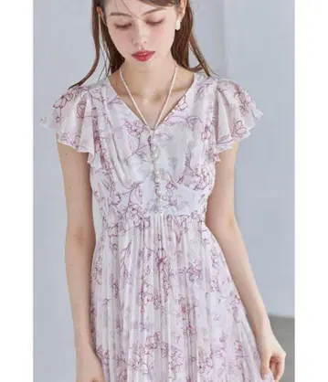 toccocloset 펄 장식 넥 리본 수채화 플라워 플리츠 원피스