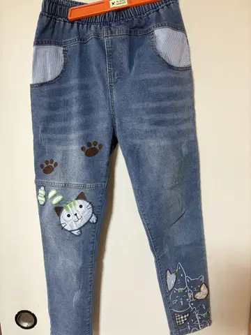 고양이 자수 데님 팬츠