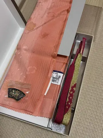 [ 미사용 ] 오렌지 실크 허리띠 금박 오비 고정 띠 세트