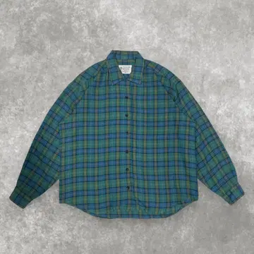 90s 타탄 체크 롱 슬리브 셔츠 블루 x 그린 구제 의류 가을/겨울
