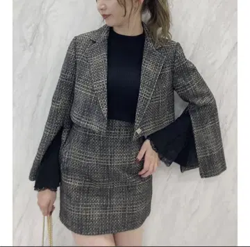 dazzlin 지퍼 슬리브 트위드 자켓 셋업