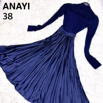 ANAYI 니트 도킹 원피스 플리츠 38 네이비