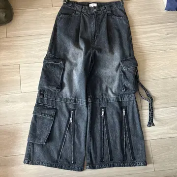 LILL 와이드 스트레이트 메탈 ZIP 비대칭 카고 데님 팬츠 블랙