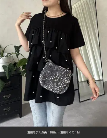 택 포함 미사용 새상품 펄 프릴 티어드 T셔츠