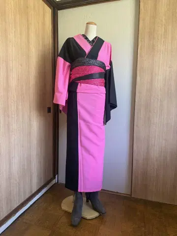 핑크 x 블랙 바이컬러 KIMONO (반폭 오비 포함) 무료배송