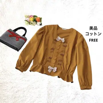 깅엄 체크 리본 카네코 이사오 핀턱 코튼 오버 블라우스