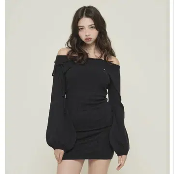 andmary Ribbon crochet knit dress black