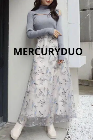 MERCURYDUO 튤 자수 롱 플레어 스커트