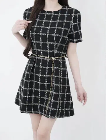 BLUE TWEED PAPILLON CHAIN FLARE DRESS