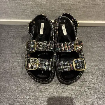 UNITED ARROWS 트위드 더블 스트랩 플랫 샌들 38