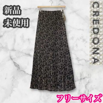CREDONA 미사용 새상품 플리츠 롱 스커트 미니 꽃무늬 블랙