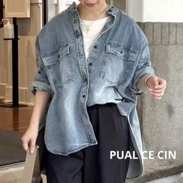 pual ce cin 빈티지 스타일 데님 밴드 칼라 셔츠