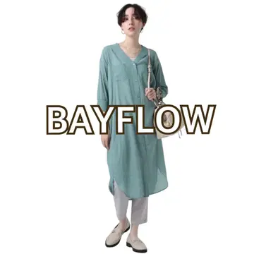 BAYFLOW 민트 그린 셔츠 원피스 7부 소매 소매 리브 사이즈 F