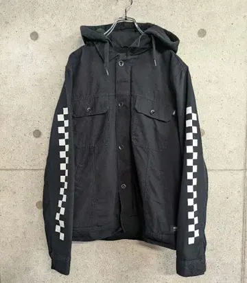 VANS 소매 체커 패턴 후드 부착 블랙 데님 자켓 M