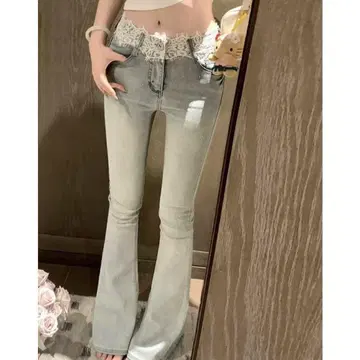허리 레이스 데님 팬츠 S 사이즈 여성용 플레어 슬림 레그 효과