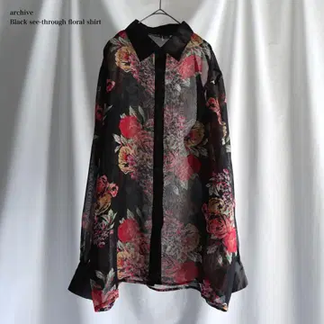 00s archive 블랙 시스루 꽃무늬 셔츠 블랙 드레이프 구제 의류