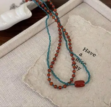 블루 레드 비즈 목걸이 유리 비즈 빈티지 앤티크 레트로