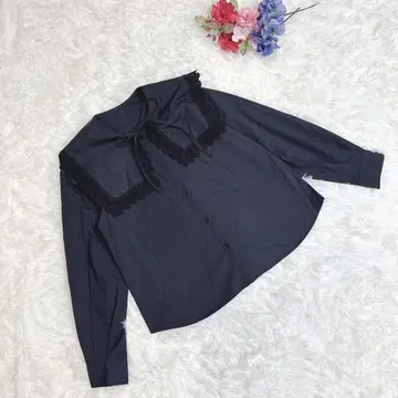 지유 레이스 트리밍 빅 칼라 셔츠 긴팔 옷깃 포함 (M)