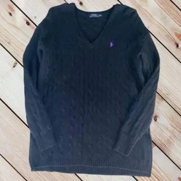 랄프 로렌 블랙 보라색 V넥 니트 캐시미어 혼방