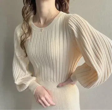 knit Jemade 니트 제메이드 퍼프 슬리브 와이드 리브 원피스 크림