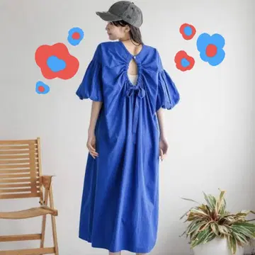 새상품 택 포함 LOWRYS FARM 소매 벌룬 리본 원피스 블루