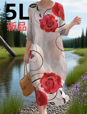 장미 무늬 반팔 티셔츠 원피스 5L 새상품