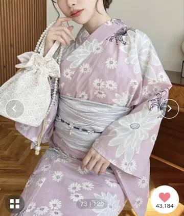 연보라 꽃무늬 유카타 오비 세트