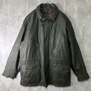 레어 컬러 다크 그린 최상급 가죽 코트 충전솜 라이너 빈티지